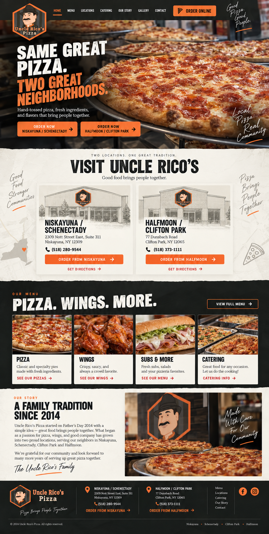 Homepage design concept for Uncle Rico's Pizza: hero with two order buttons, a card for each location, menu categories, the family story, and a footer with both locations.